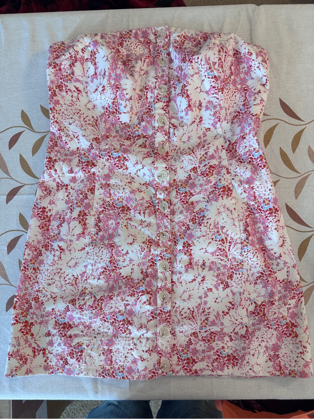 Free People Strapless Pink and White Floral Button-Front Mini Dress